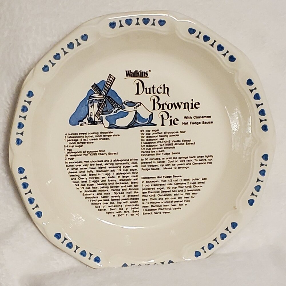 SALE! EUC! Vintage 1983 Watkins Dutch Brownie Pie Plate 10 1/2" - With Recipe